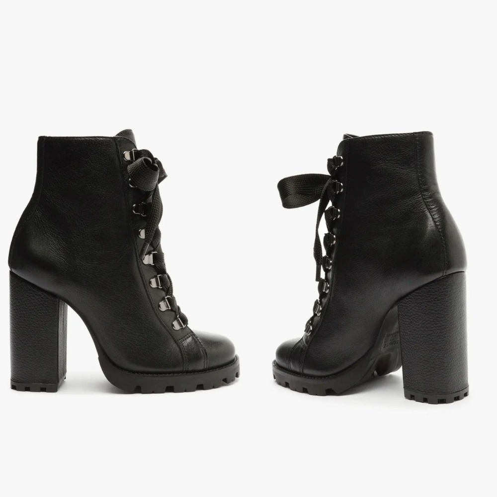 Schutz Black Pebbled Leather Lace Up Lug Sole Block Heel Combat Boots